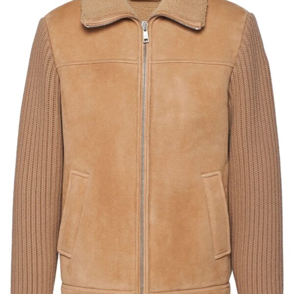 Prada  logo-patch shearling zip-up jacket