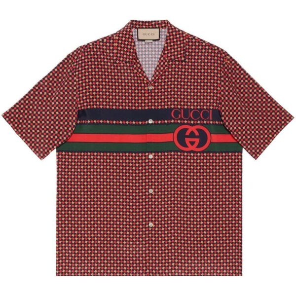Gucci  Red Geometric Houndstooth Print Bowling Shirt